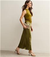 Women's Petite Light Khaki Textured Satin Midi Skirt New Look
