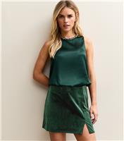 Women's Petite Dark Green Velvet Split Mini Skirt New Look