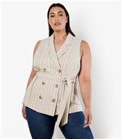 Women's Plus Size Cream Pinstripe Waistcoat Curves Apricot New Look