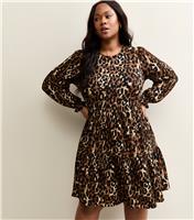 Women's Plus Size Brown Leopard Print Smock Mini Dress Curves New Look