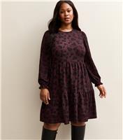 Women's Plus Size Purple Pattern Tiered Smock Mini Dress Curves New Look