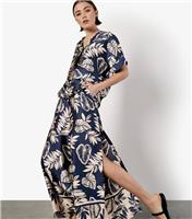 Women's Navy Floral Print Satin Wide Leg Slit Trousers Apricot New Look