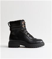 Women's Black Faux Leather Lace Up Chunky Ankle Boots Vegan New Look