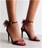 Women's Dark Burgundy Satin Embellished Mesh Bow Sandals Vegan New Look