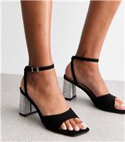 Women's Black Faux Suede Gem Embellished Block Heel Sandals Vegan New Look