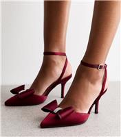 Women's Light Burgundy Satin Bow Embellished Stiletto Heels Vegan New Look
