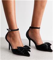 Women's Black Velvet Bow Stiletto Heels Vegan New Look