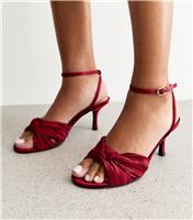 Women's Red Satin Twisted Ankle Strap Stiletto Heel Sandals Vegan New Look