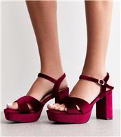 Women's Wide Fit Burgundy Velvet Platform Sandals Vegan New Look