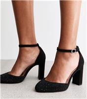 Women's Wide Fit Black Faux Suede Gem Embellished Block Heels Sandals Vegan New Look