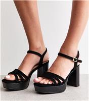 Women's Wide Fit Black Faux Leather and Suede Platform Sandals Vegan New Look