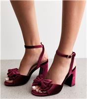 Women's Wide Fit Burgundy Velvet Bow Block Heel Sandals Vegan New Look