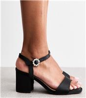 Women's Wide Fit Black Satin Embellished Buckle Block Heel Sandals Vegan New Look