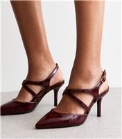Women's Wide Fit Dark Burgundy Patent Faux Leather Heels Vegan New Look