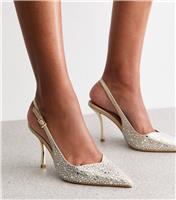 Women's Gold Embellished Faux Leather Slingback Court Shoes Vegan New Look