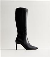 Women's Black Faux Leather Zip Up Stiletto Knee High Boots Vegan New Look