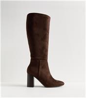 Women's Brown Faux Suede Knee High Boots Vegan New Look