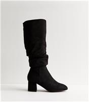 Women's Black Faux Suede Ruched Knee High Boots Vegan New Look