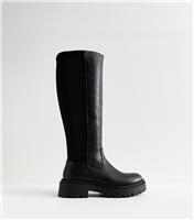 Women's Black Faux Leather Stretchy Chunky Knee High Boots Vegan New Look