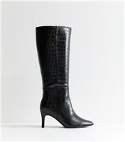 Women's Wide Fit Black Croc Embossed Stiletto Knee High Boots Vegan New Look