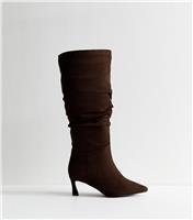 Women's Wide Fit Brown Faux Suede Ruched Knee High Boots Vegan New Look