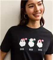 Women's Black Pom Pom Santa Print T-Shirt New Look