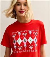 Women's Bright Red Christmas Merry Garland Relaxed T-Shirt New Look