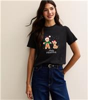 Women's Black Christmas Feeling Festive Gingerbread Man Print T-Shirt New Look