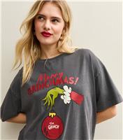 Women's Dark Grey Merry Grinchmas Bauble Print T-Shirt New Look