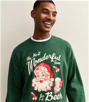 Men's Dark Green Christmas Oversized Santa Print Sweatshirt New Look