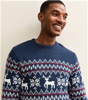 Men's Blue Reindeer Pattern Christmas Jumper New Look