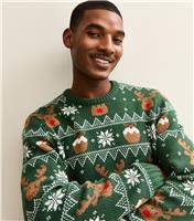 Men's Green Regular Reindeer Pattern Christmas Jumper New Look