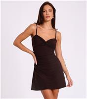 Women's Dark Brown Knot Front Mini Dress Quiz New Look