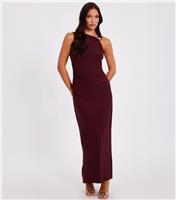 Women's Dark Red Fitted Asymmetric Strap Maxi Dress Quiz New Look