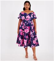 Women's Curve Navy Bardot Floral Skater Dress Quiz New Look