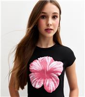 Girls' Black Hibiscus Print Cap Sleeve T-Shirt New Look