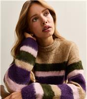 Women's Brown Striped Brushed Crew Neck Jumper New Look