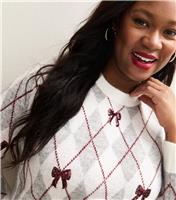 Women's Plus Size Cream Argyle Sequin Bow Embellished Jumper Curves New Look