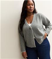 Women's Plus Size Mid Grey Blanket Stitch V-Neck Cardigan Curves New Look
