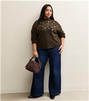 Women's Plus Size Brown Sequin Leopard Knit Jumper Curves New Look