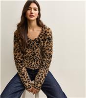 Women's Brown Fluffy Knit Leopard Pattern Cardigan New Look