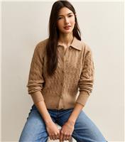 Women's Camel Cable Knit Collared Cardigan New Look