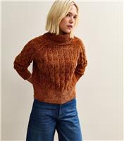 Women's Tan Chenille Cable Knit Roll Neck Jumper New Look