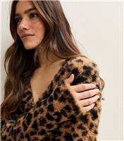 Women's Petite Brown Fluffy Leopard Pattern Cardigan New Look