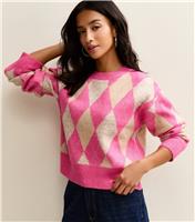 Women's Petite Pink Argyle Embellished Jumper New Look
