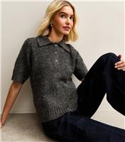 Women's Grey Textured Knit Polo Collar Top New Look
