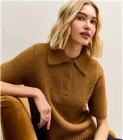 Women's Tan Textured Knit Polo Collar Top New Look