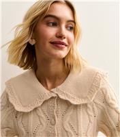 Women's Cream Cable Knit Collared Cardigan New Look