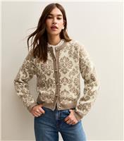 Women's Cream Baroque Patterned Crew Neck Cardigan New Look