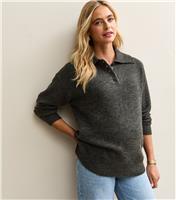 Women's Maternity Dark Grey Midweight Knit Longline Polo Jumper New Look